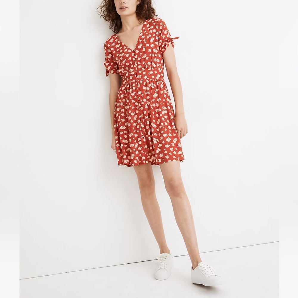 Madewell Button-Front Tie-Sleeve Retro Dress in Happy Hibiscus Size 2